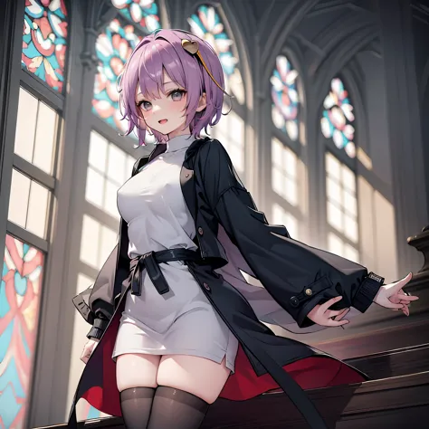 (Satori toho character:1.1), (solo), (standing in church), (stained glass), BREAK, short hair, large perky breasts, (inconceivab...