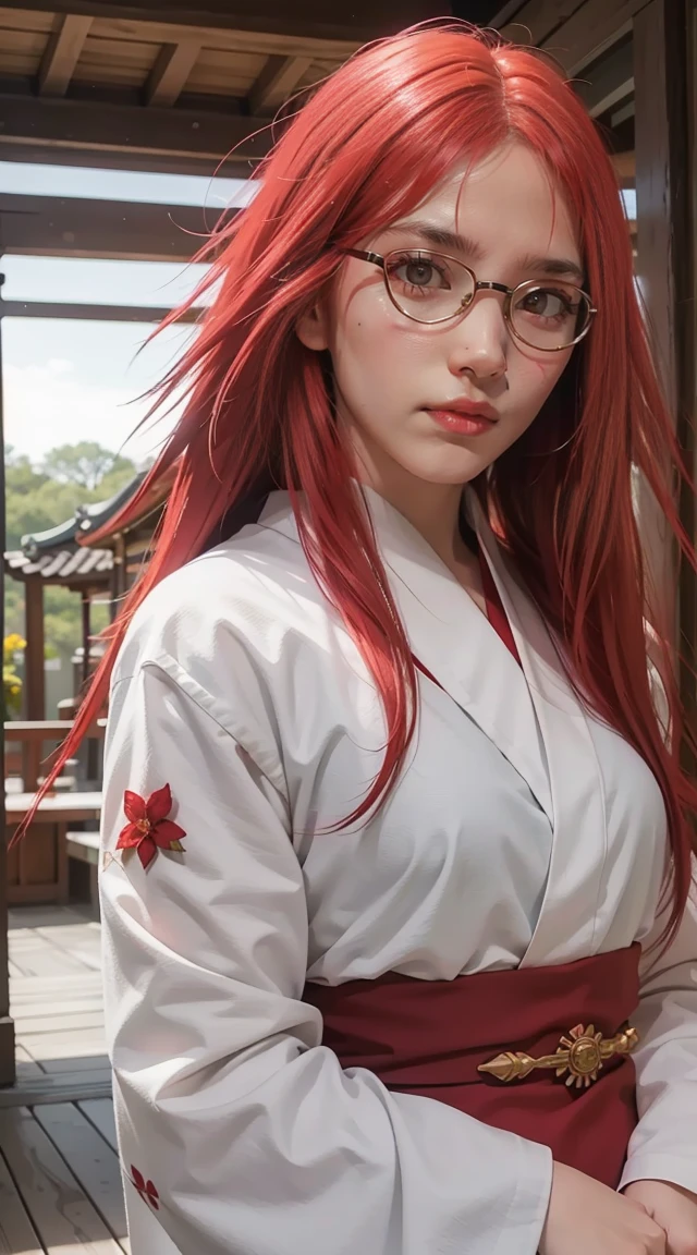 Masterpiece, Best quality, Highly detailed, 1girll, Solo, (:3:1.1), long red hair, red hair, long hair, spiky hair on left side, hair, Fluffy hair, Blush, red eyes, glasses, red eyes, red eye color, flower, Gradient, Gradient background, hair flower, hair adornments, Japanese clothes, komono, view the viewer, miko, Smile, Solo, White kimono, Beautiful lighting, (Alena Ainami:1.3)