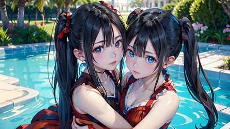 beautiful twins portrait, two beautiful girls, black pigtails, beautiful science fiction twins, twin tails, trending on cgstatio...