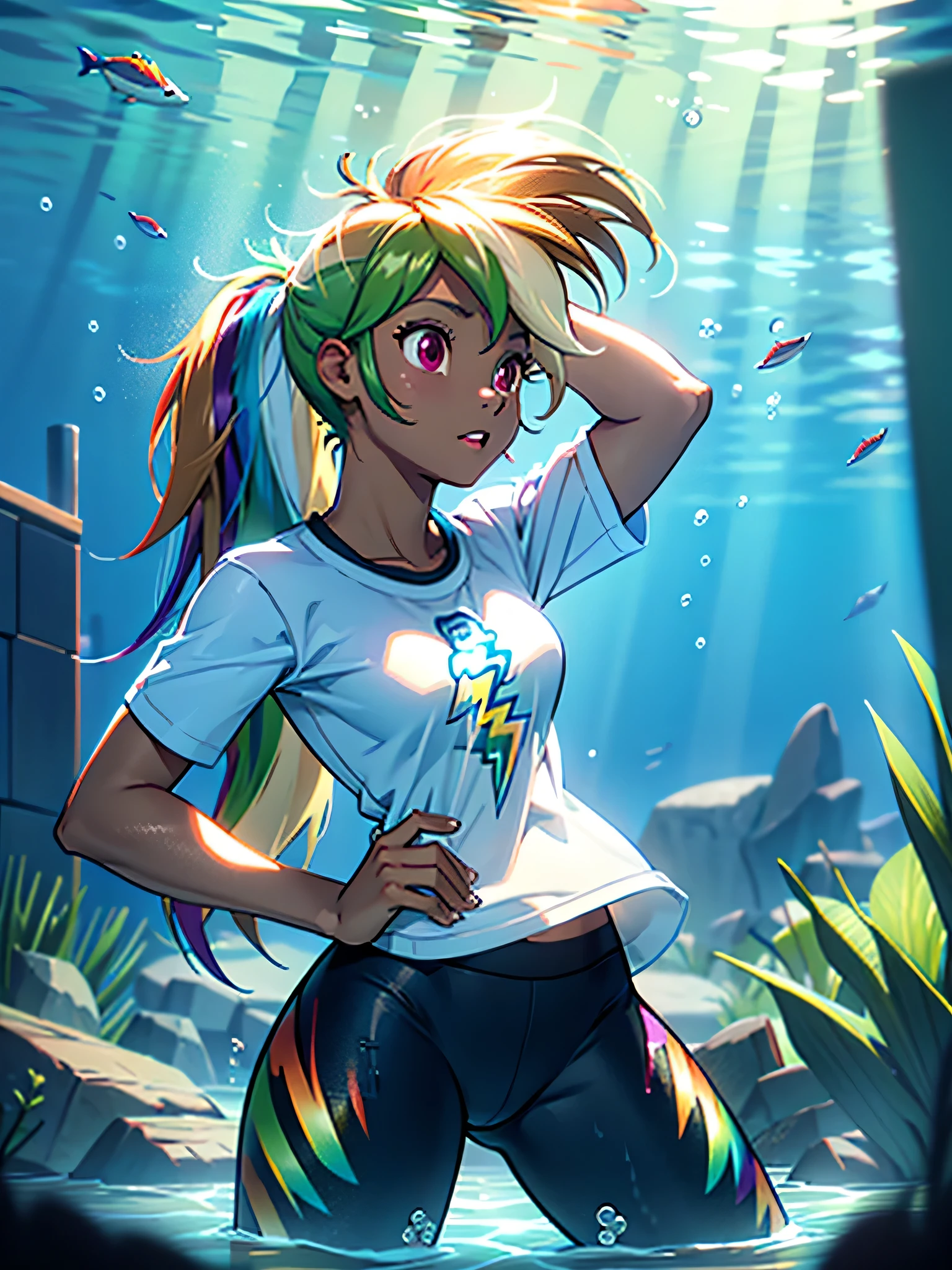 4k, best quality, high quality, woman, female, a cute girl, solo, rainbow dash, light brown skin, dark skin, tan skin, blue jacket, t-shirt, yoga pants. underwater, swimming, water, sea, underwater, drowning,