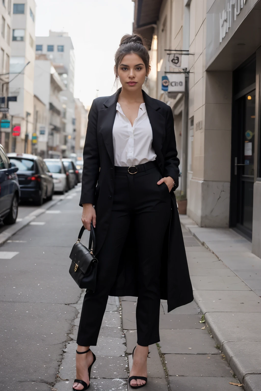 mujer peruana, cuerpo completo definido, vestida para entrevista de trabajo, hermosa, sensual, vestida con traje, vestida con traje de vestir, con zapatos de taco, con tacones negros, elegante, high heels, vestida con ropa de oficina, con abrigo largo, pantalones negros de vestir, elegante, hair up in a bun, calzados negros, un bolso de color beich elegante, elegant clothes with black coat and black tight pants, elegante, sentada sobre una piedra en la calle, lista para una entrevista de trabajo, hermosa, Angel Face, bella, una camisa lila elegante, hermosa, sin escote. con tacones, high heels. 