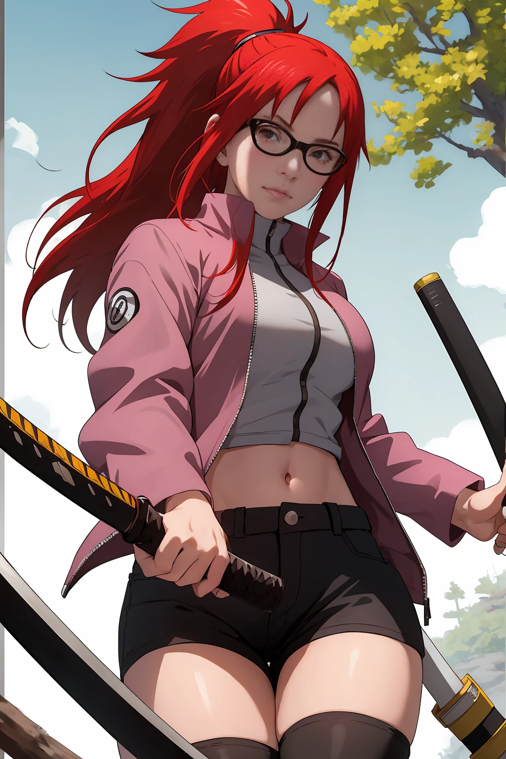 obra maestra, mejor calidad, alta resolución, karin uzumaki de naruto, 1 chica, pelo largo, cabello rojo, cola de caballo, anteojos, ojos rojos, pechos grandes, chaqueta violeta, barriga mostrada, pantalones cortos negros ajustados, calcetines hasta la rodilla, diafragma, de pie, sosteniendo arma, espada, katana, Al aire libre, lindo,