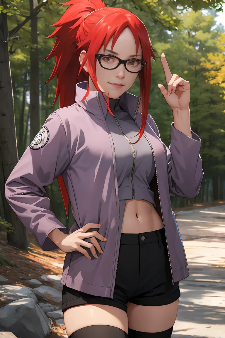 masterpiece, best quality, highres, Karin Uzumaki  from naruto, 1girl, long hair, red hair, ponytail, glasses, red eyes, large breasts, violett jacket, tummy shown, black tight shorts, overknee socks, midriff, standing, holding weapon, sword, katana, outdoors, cute, beautiful, high quality, highres:1.1), detailed, extremely detailed 4K, perfect eyes, perfect face, perfect lighting, (1girl, solo, adult female, mature female), [muscular], leg muscles, thigh muscles, red hair, red eyes, glasses, midriff, jacket, lowleg black shorts, long sleeves, karin, groin, exposed navel, standing, outside, tree background, hand on hip, smirk, looking at viewer,