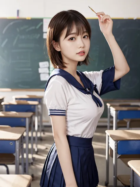 Silver short bob hair：1.8, Beautiful woman, profile、(Short Sleeve White Sailor School Unishape、navy pleated skirt：1.5), lift you...