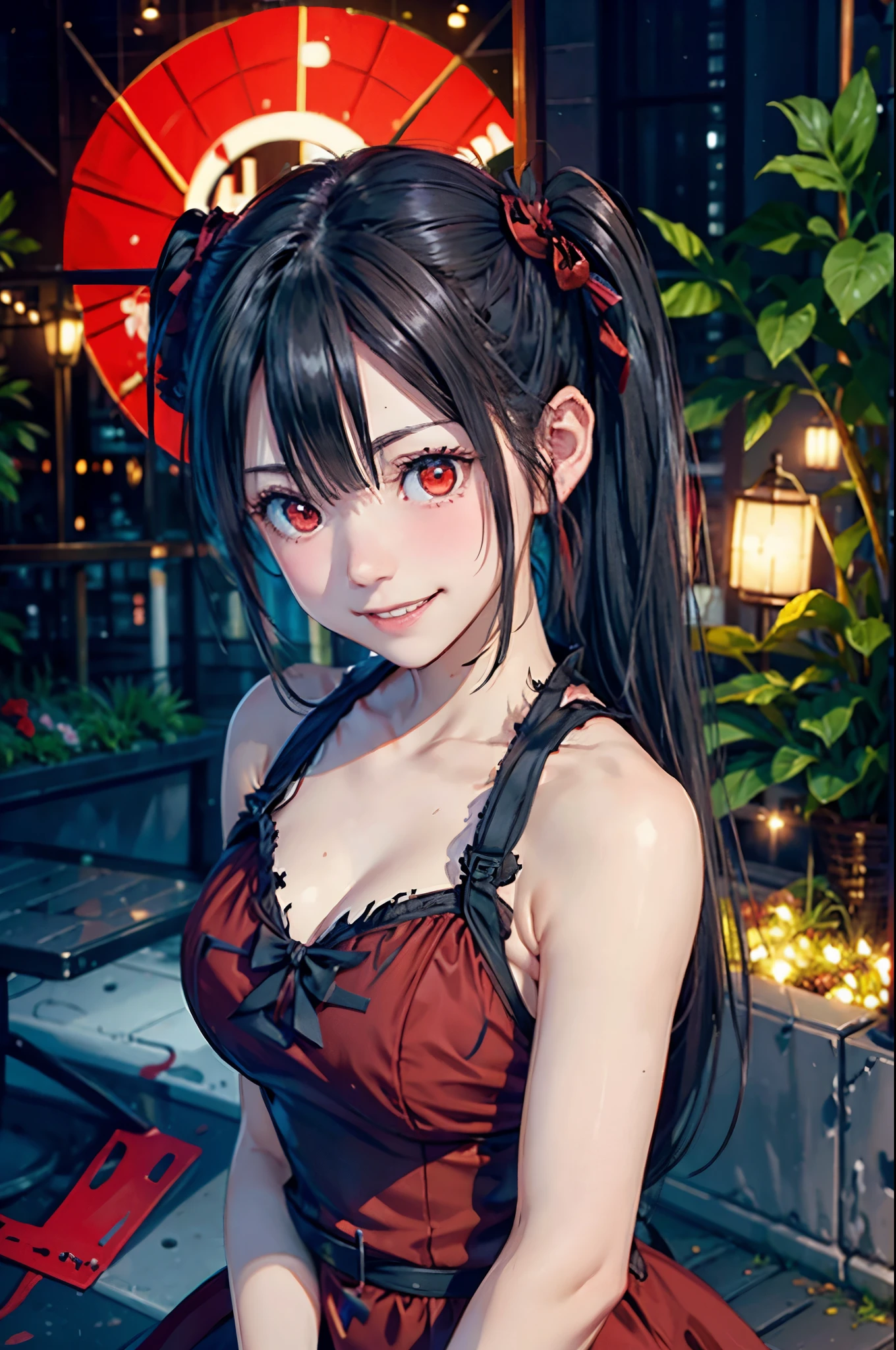 (((evil smile)))、(((Frosty smile)))、black pigtails, twin tails, trending on cgstation, twin tails hairstyle, beautiful gemini, , Trending on cgstation, wlop and sakimichan, Gwaites style artwork、(((red dress、red eyes)))、(((Torn apart)))、(((Get angry)))