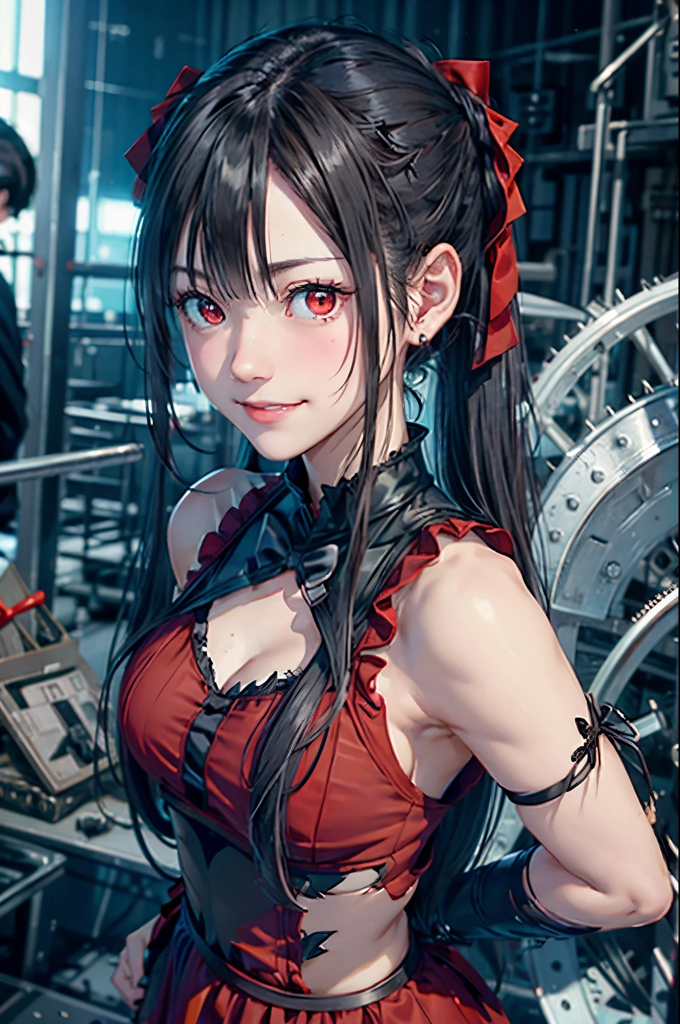 (((evil smile)))、(((Frosty smile)))、black pigtails, twin tails, trending on cgstation, twin tails hairstyle, beautiful gemini, , Trending on cgstation, wlop and sakimichan, Gwaites style artwork、(((red dress、red eyes)))、(((Torn apart)))、(((Get angry)))