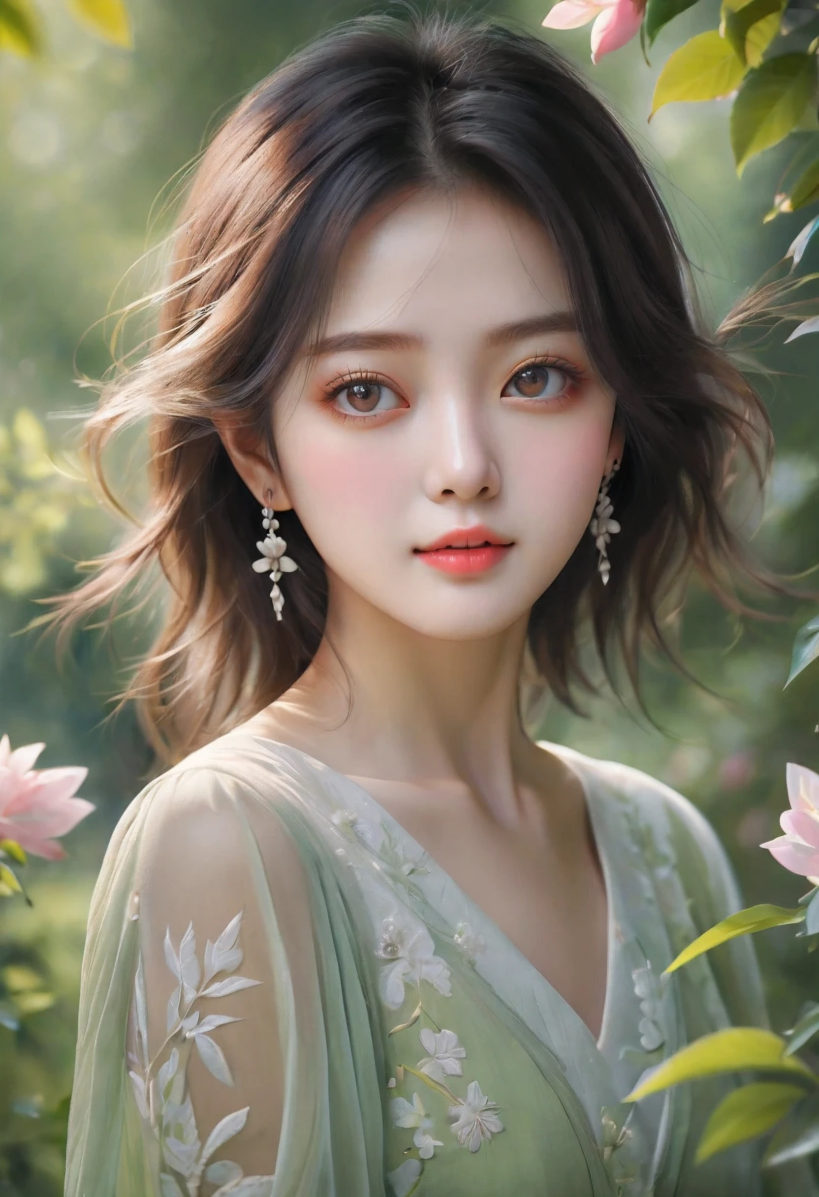 (best quality,4k,8k,highres,masterpiece:1.2),ultra-detailed,(realistic,photorealistic,photo-realistic:1.37),rosy zhao,beautiful detailed eyes,beautiful detailed lips,extremely detailed eyes and face,longeyelashes,one girl,fashionable stylish attire,confident expression,natural light,dreamy atmosphere,soft pastel colors,sumptuous garden background,lush green foliage,colourful flowers blooming,light streaming through the trees,peaceful and serene mood,subtle hints of sunlight filtering through the leaves,delicate shadows,ethereal and elegant posture,slightly tilted head,artistic composition,high contrast,subtle depth of field,impeccable skin texture,captivating presence,creative portrait,romantic ambiance,graceful movement,sophisticated style,seamlessly blended elements,impressive attention to detail,sensitive and graceful artistic interpretation,exquisite and refined visual appeal