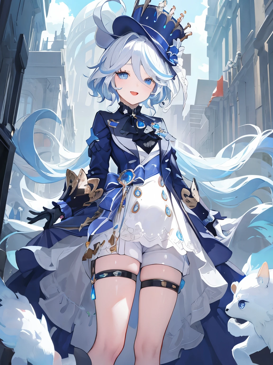 ((masterpiece,best quality)), high resolution, 1 girl, Heterochromia, standing back to back, Simple backgroundADDCOMM 1girl, Forina, blue hat, Gloves, open mouth, Smile BREAK
1girl, focus, long sleeves, hollow dress, Smile