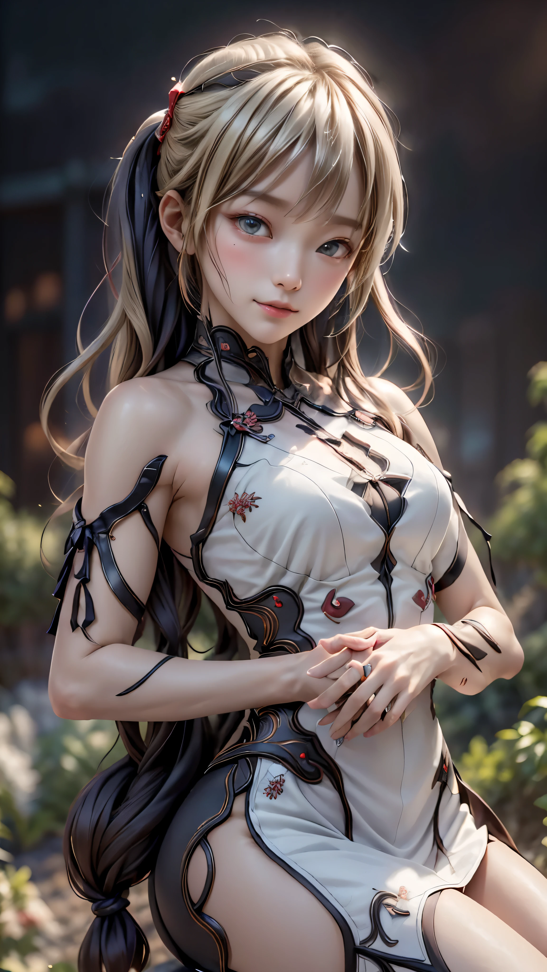 ((highest quality)), ((masterpiece)), (be familiar with:1.4), 3D, Image of a beautiful woman in a Chinese dress,nffsw(high dynamic range),ray tracing,NVIDIA RTX,super resolution,unreal 5,scattered below the surface,PBR texturing,Post-processing,anisotropic filtering,written boundary depth,maximum clarity and sharpness,multilayer texture,Albedo and specular maps,surface shading,Accurate simulation of light-matter interactions,perfect proportions,octane rendering,two-tone lighting,wide aperture,Low ISO、White balance、Rule of thirds、8,000 students、((straight long hair))(((White and red cheongsam)))(((blonde)))((12 years old))(())