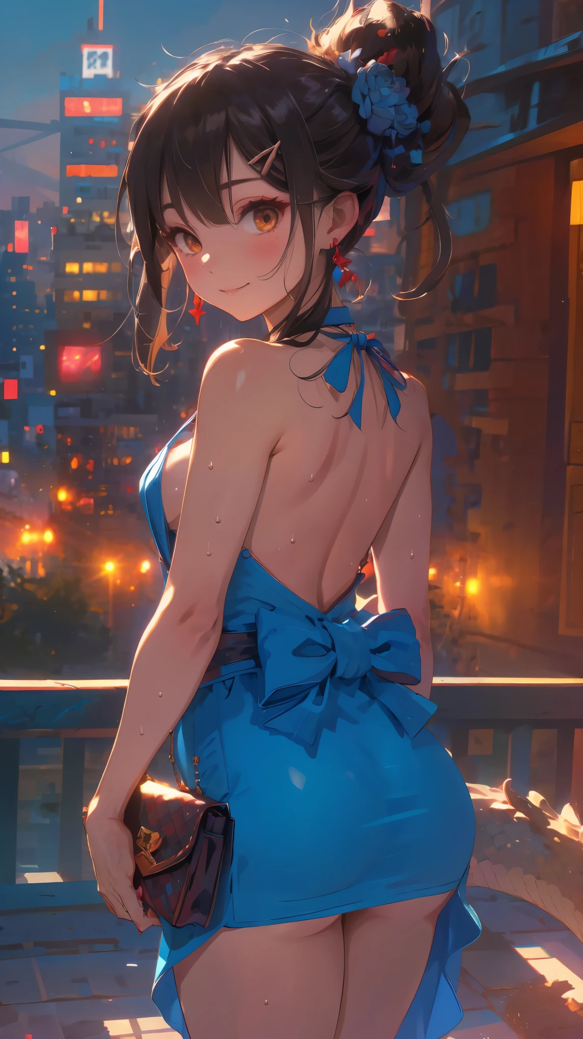 (from behind,back focus:1.4),Dragon and girl,1girl,(Miyu Edelfelt),loli,cameltoe,black hair,brown eyes,seductive smile,solo,big ass,tail,colored skin, jewelry, dress,bare thigh,necklace, bangs, hair ornament, bare shoulders, side ponytail, halterneck, plunging neckline, sidelocks, halter dress, backless outfit, silver dress, nail polish, backless dress, solo, closed mouth, blush, bag, revealing clothes, earrings, hairclip, handbag, sweat, looking at viewer, evening gown, leaning forward, thighs, blue nails, flat_chest, official alternate costume, covered nipples, hair between eyes,, best quality, amazing quality, very aesthetic, absurdres,