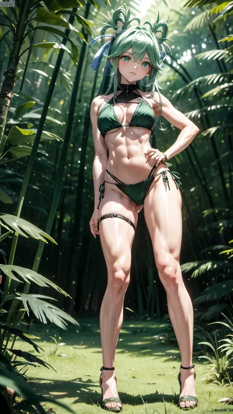 standing in the forest, in a bad mood, with hands on hips, (((wearing a very sexy bikini))), heels, work of art. (toned legs), (toned belly), bright green eyes