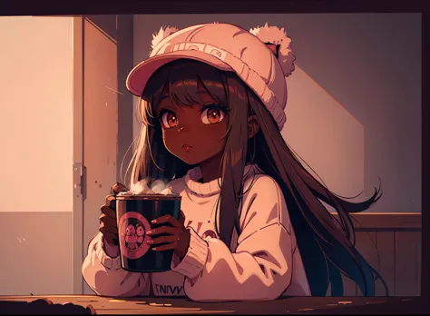 Dark skin pretty young woman in an oversized fuzzy fitted shirt, shy, holding a pink coffee “catty” labeled mug, insanely detail...