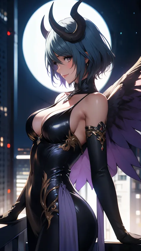 highest quality,　Highest image quality,　masterpiece,　1woman, tamaki, 　evil smile, succubus costume, succubus horn, succubus wings, roof of the building,　night sky