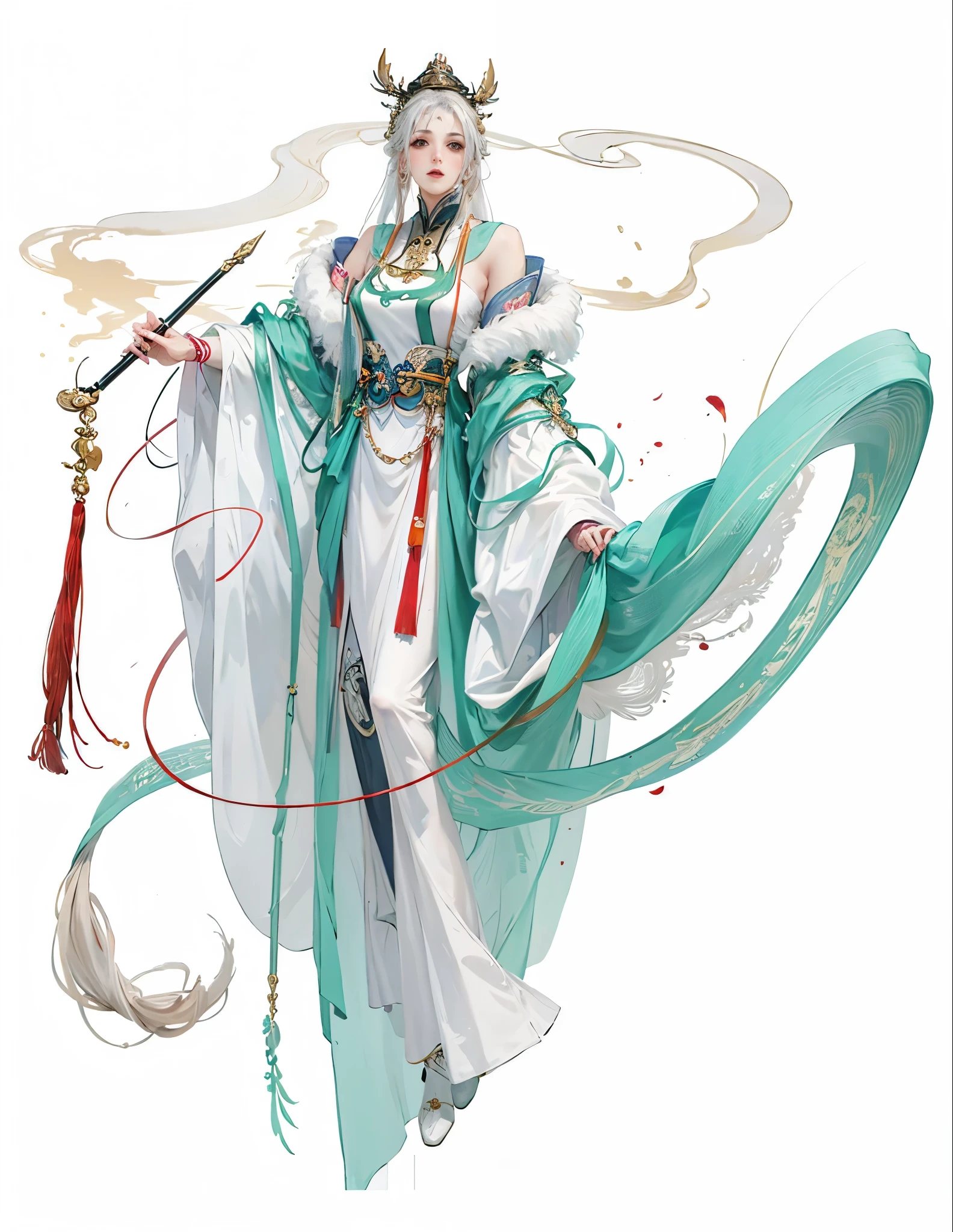 The whole body of the character，best quality, ultra high resolution, (((1 girl))),(long white hair), game character， old palace, hanfu, yarn, 流动的yarn布, jewelry, (focus), (((colorful))),(sketch:0.8) , masterpiece, best quality, beautiful painting, meticulous,(Denoise:0.6), Very detailed, (masterpiece, best quality） CG unified 8K wallpaper，masterpiece，best quality at best，super detailed）, Ultra HD quality