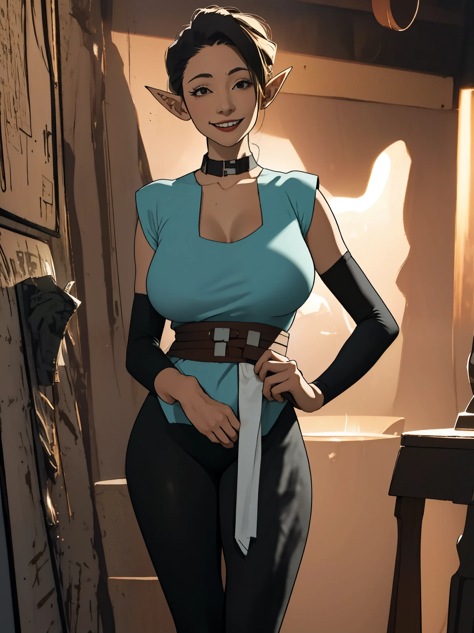 a portrait of a slender woman neckline large, high rise leggings, tall boots, knees together, smooth and clean detail art, full body shot, hands clasped together, sagging chest, pokies (((smug smile emotions))), long black hair, thigh gap, sleevless top,  large eyes, dynamic angle, vexahlia, elf ears, medieval background, tavern backround, RPG art, huge lips, red lips,  light blue sash and highlights, ((huge chest))