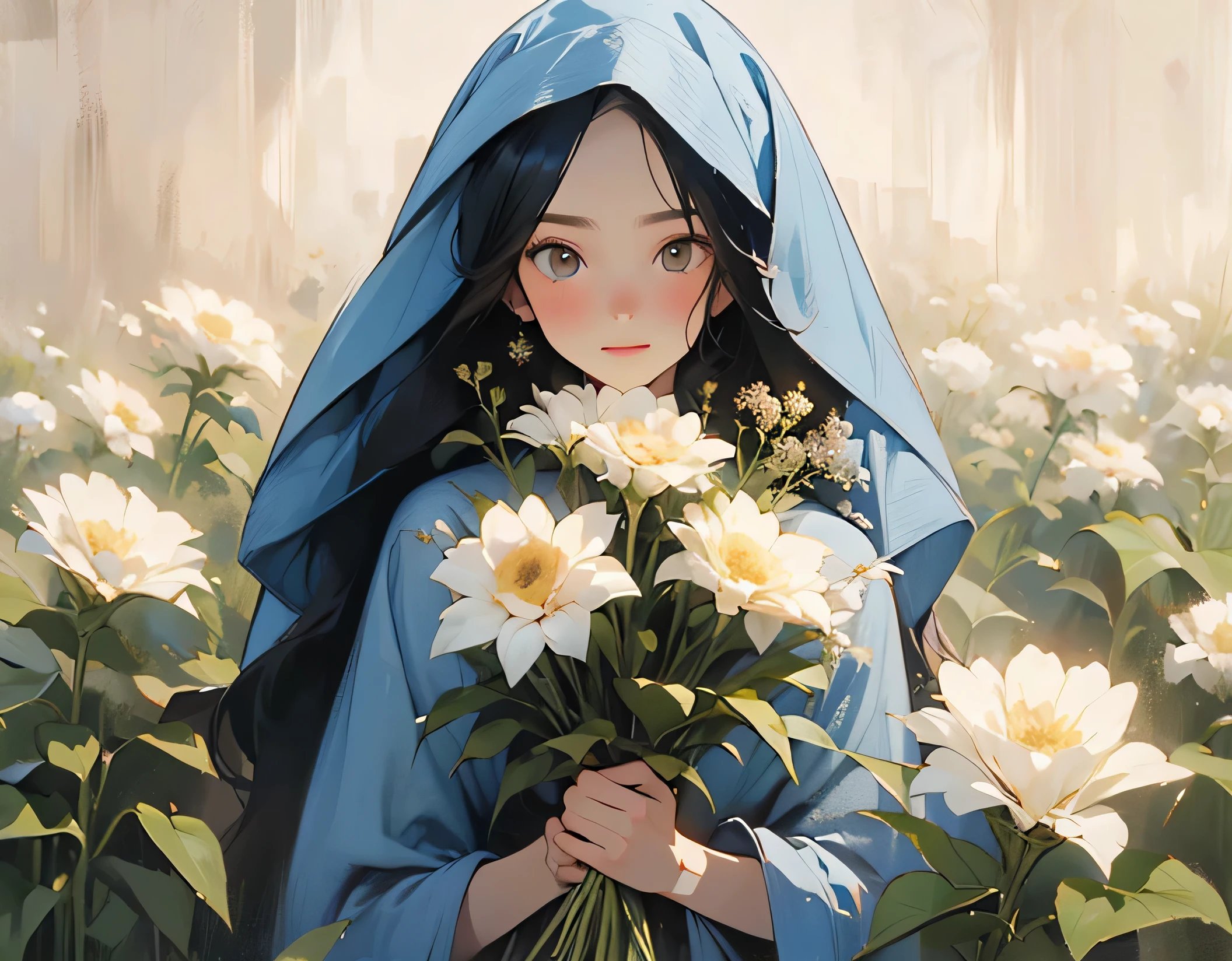 ((최고의 품질, 8K, 걸작: 1.3)), 최고의 품질, 초고해상도, arafed woman in a hijab 꽃을 들고 in a field of flowers, 꽃과 함께, 꽃을 들고, 정원에서, 완전한 이익, 나자에게서 영감을 받아, protrait, 꽃밭에 서서, 배경에 꽃, 파리다 말리크, a 그림, 학생, 초상화, old 그림, 꽃밭에 서서, close up 초상화, 그림