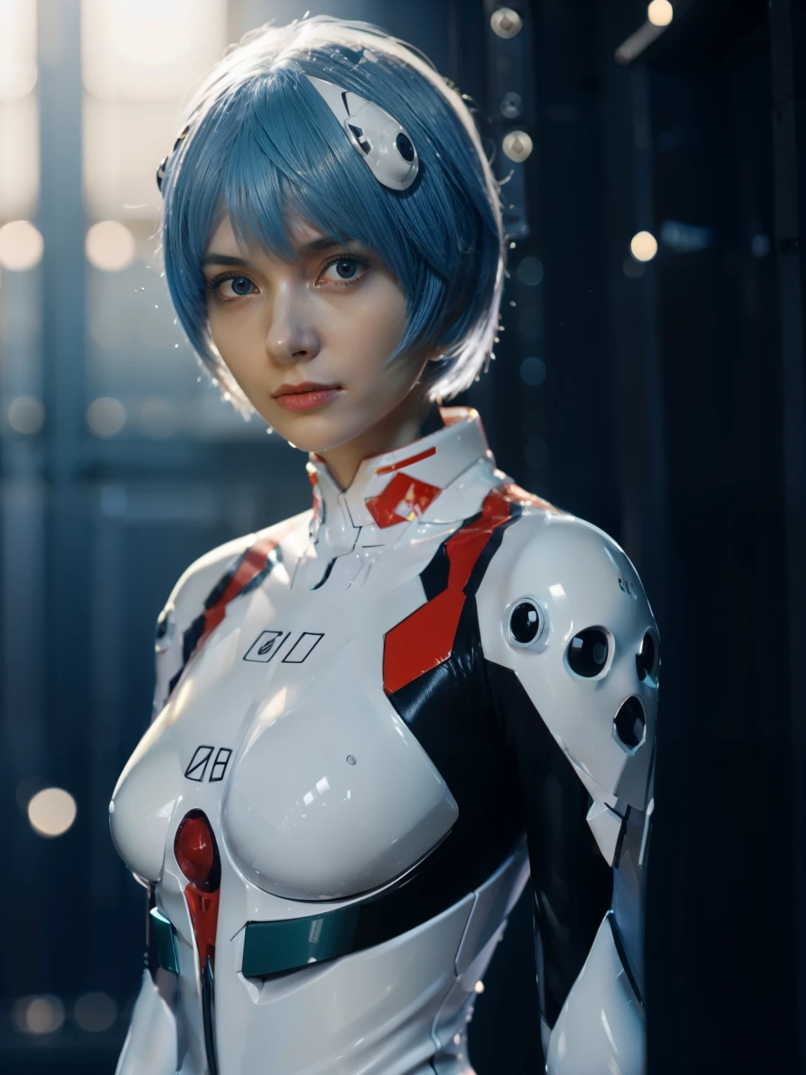 High quality, highly detailed CG unity 8k wallpaper beautiful girl, rei ayanami, short blue hair, white evangelion plugsuit, sad expression, full body shot, low angle camera, random pose, red pupil, outdoor, well lit area