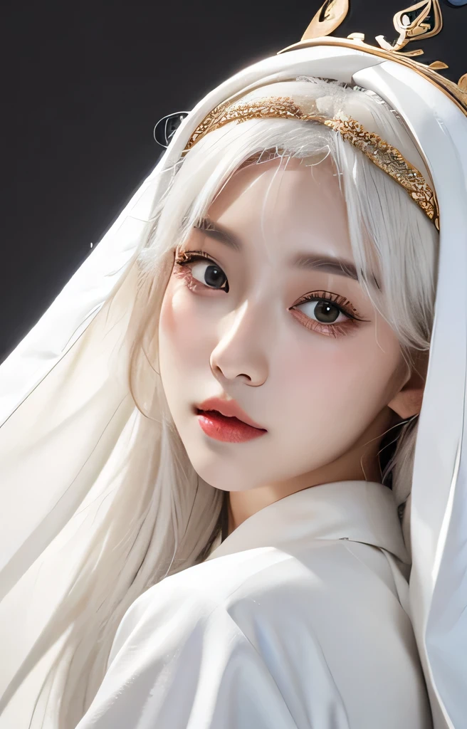 detailed, high quality, perfect face. fantasy style. korean girl with white color hair. her name is Kyu. Wear white nun cloak and dress, with gold combination.