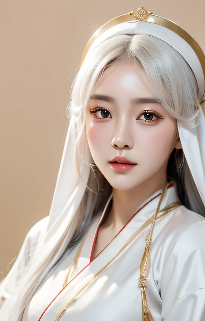 detailed, high quality, perfect face. fantasy style. korean girl with white color hair. her name is Kyu. Wear white nun cloak and hanfu dress, with gold color combination.