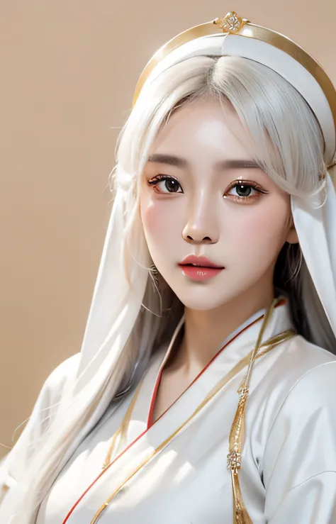 detailed, high quality, perfect face. fantasy style. korean girl with white color hair. her name is kyu. wear white nun cloak an...