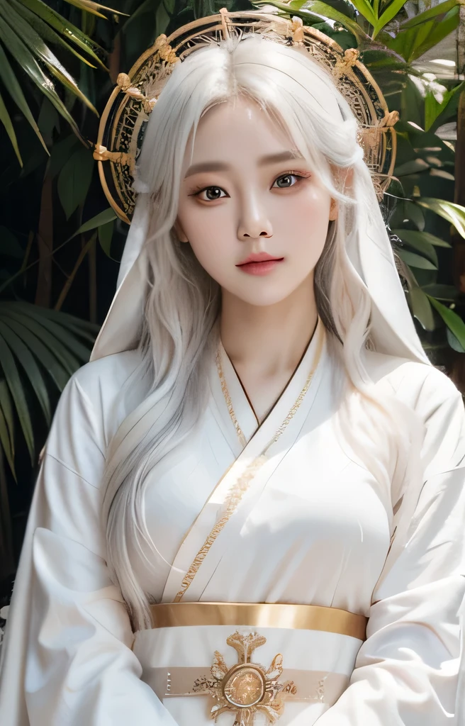 detailed, high quality, perfect face. fantasy style. korean girl with white color  hair. long hair. clear smoky pupil, Peach blush on, her name is Kyu. Wear white nun cloak and hanfu dress, with gold color combination. soft light 1,8. warm color.