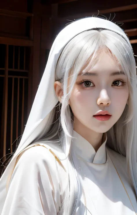 detailed, high quality, perfect face. fantasy style. korean nun girl with white color hair. long hair. clear smoky pupil, peach ...