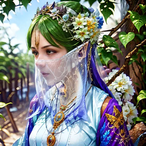 （（long ears）），head close-up，eyes are very delicate，elf，gorgeous green hanfu，（（（hair accessories）））（（（veil））），necklace，（（（a garde...