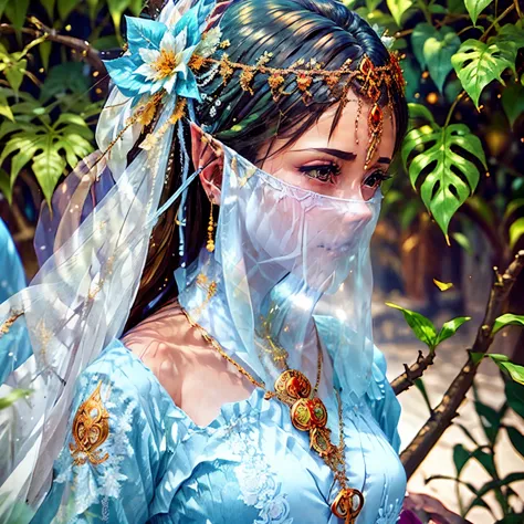 （（long ears）），Head close-up，Eyes are very delicate，Elf，Gorgeous green Hanfu，（（（hair accessories）））（（（veil））），necklace，（（（a garde...
