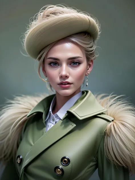 dynamic angle, wide shot of a woman wearing a Light Green hat and earrings, (Flight attendant),sleek dark fur, Light Green Fur, ...
