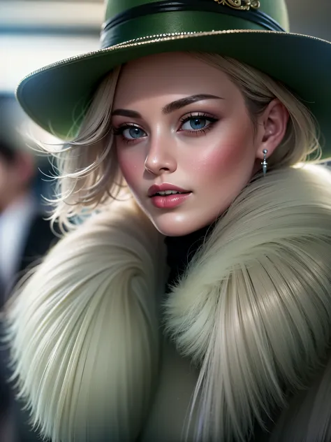 dynamic angle, wide shot of a woman wearing a Light Green hat and earrings, (Flight attendant),sleek dark fur, Light Green Fur, ...