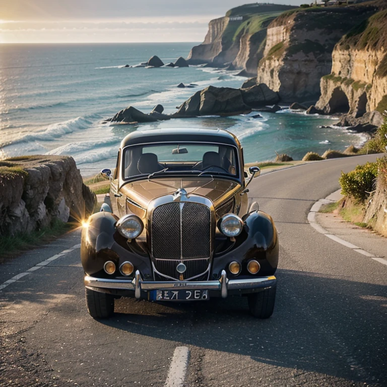 A beautiful vintage car, elegant and detailed, on the edge of modernity, allows open-air driving along a serene, sun-drenched coastal road in the golden hour, coastal rocks highlighted by glistening sunlight, reflections sparkling on crystalline waves.