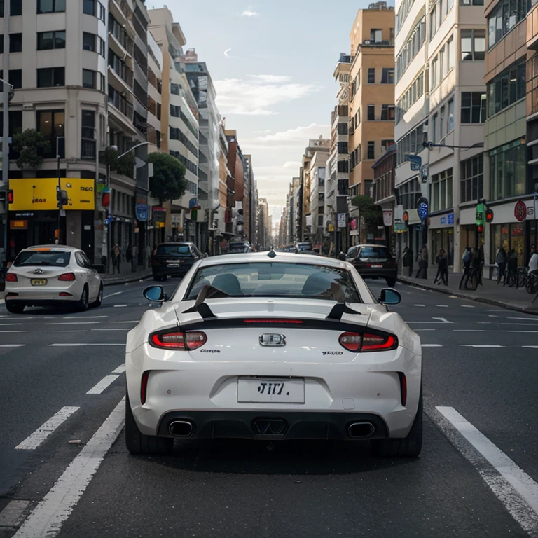 White sports car driving through a bustling city street with traffic lights and diverse cars.