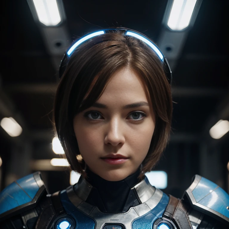 Close-up of a female with light brown hair and blue eyes in futuristic armor, giving a sci-fi vibe.