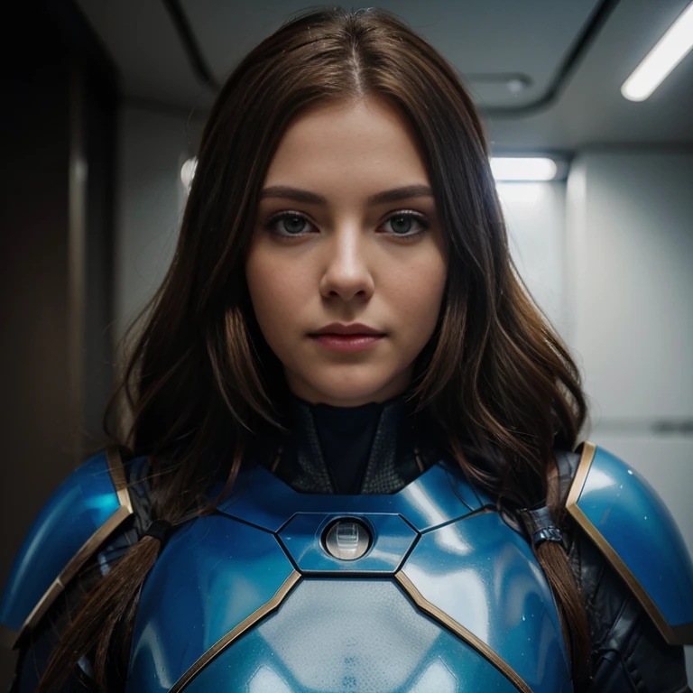 Close-up of a female with light brown hair and blue eyes in futuristic armor, giving a sci-fi vibe.
