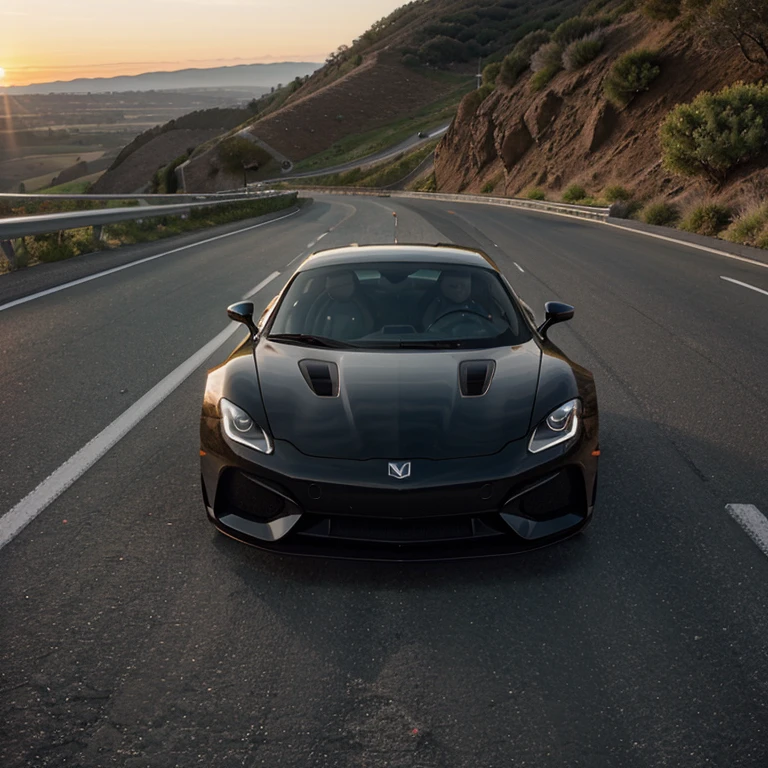 A sleek and modern sports car, with a glossy finish and sharp edges, speeding down a winding road with the sun setting in the background.