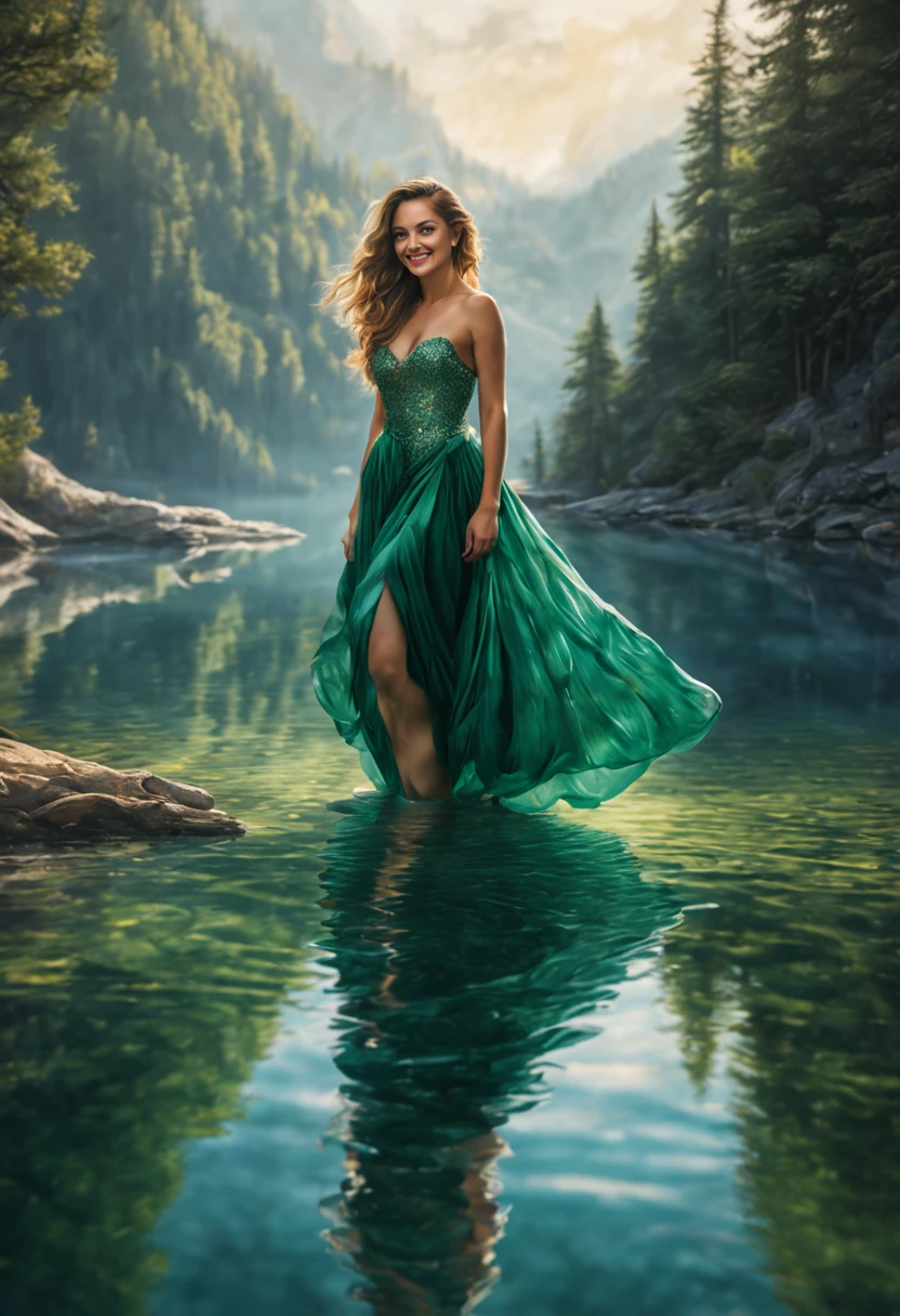 A beautiful woman, her shimmering reflection in the undulating surface of an emerald lake, captured in realistic, detailed portraits, the gentle curve of her smile reflected in the water, she said, her eyes sparkling like diamonds.