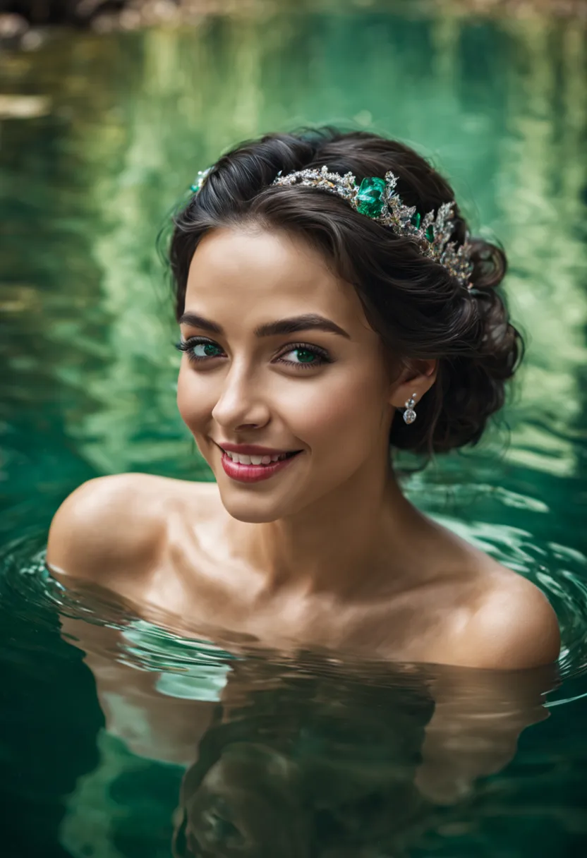 A beautiful woman, her shimmering reflection in the undulating surface of an emerald lake, captured in realistic, detailed portr...