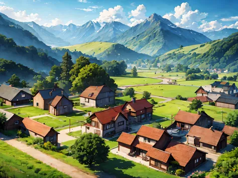 anime, masterpiece, best quality, by professional artist, vibrant colors, small village, medieval architecture, lumber mill, red roofs, grass, stone ground