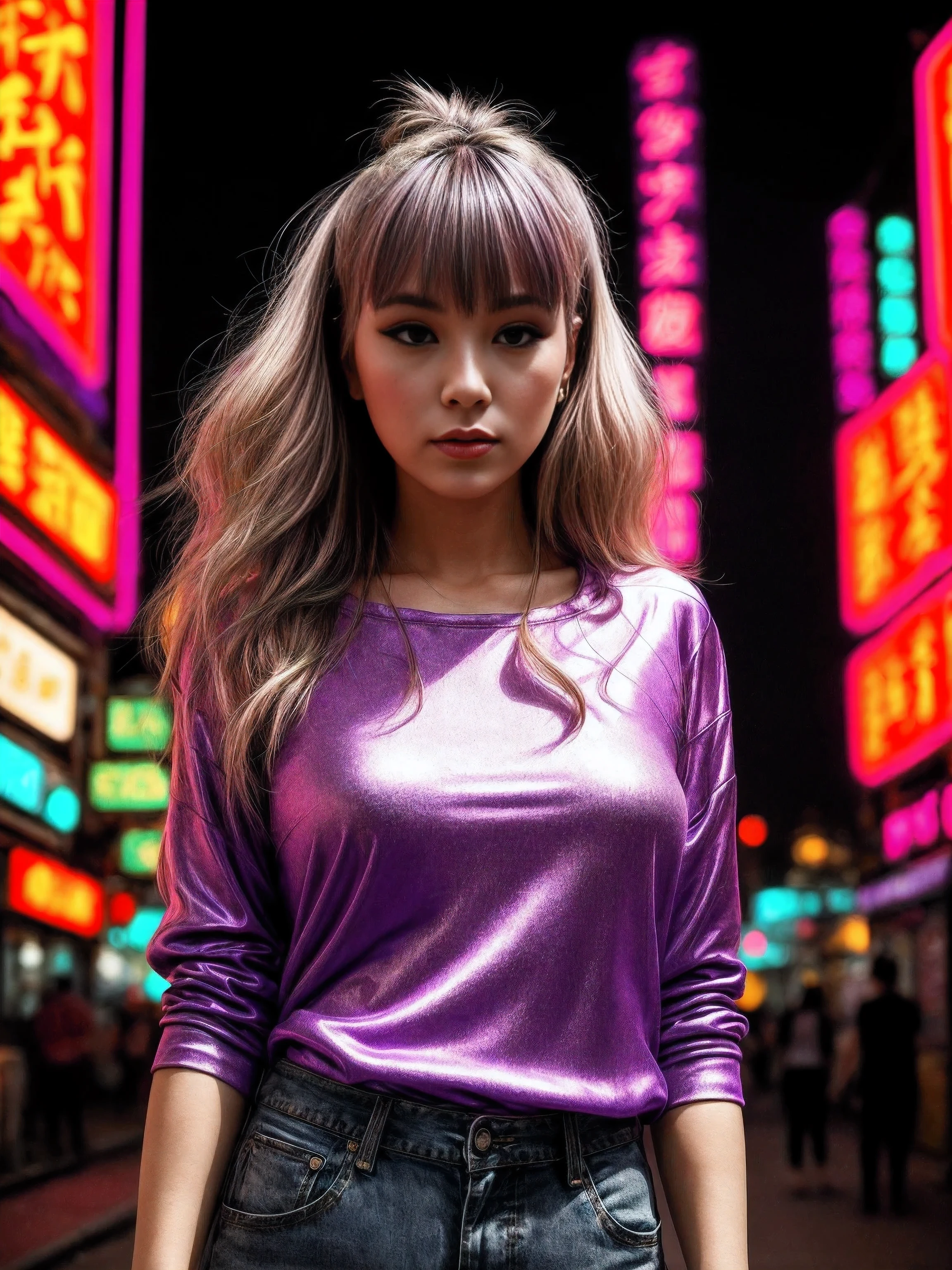 a woman in a purple top in a neon city, in the style of chinapunk, iconic album covers, soft-focus portraits, luke fildes, light amber and silver, exotic, captivating lighting