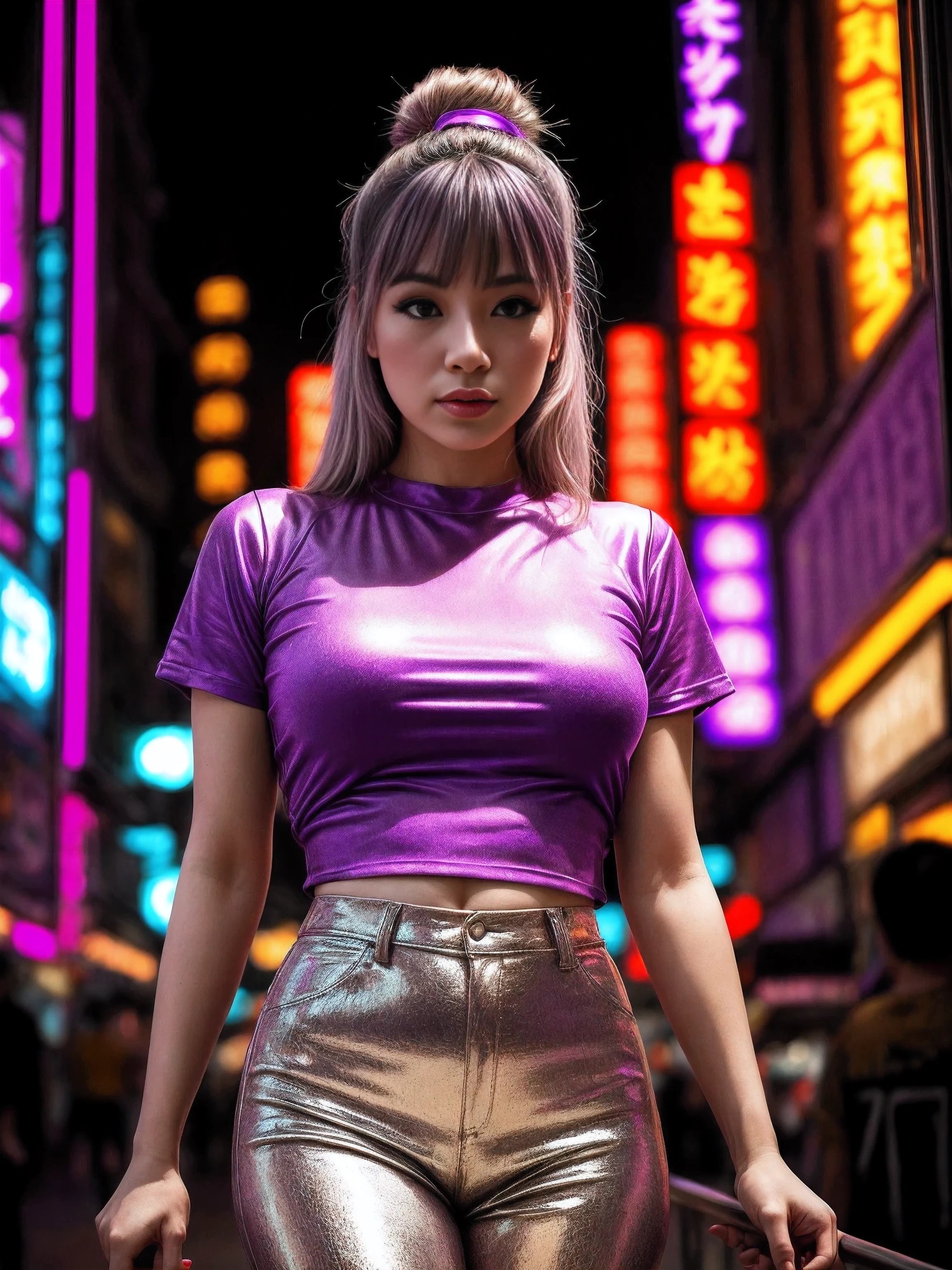 a woman in a purple top in a neon city, in the style of chinapunk, iconic album covers, soft-focus portraits, luke fildes, light amber and silver, exotic, captivating lighting