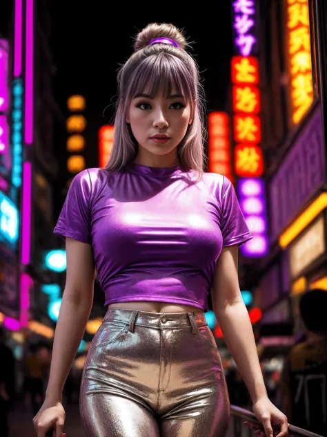 a woman in a purple top in a neon city, in the style of chinapunk, iconic album covers, soft-focus portraits, luke fildes, light...