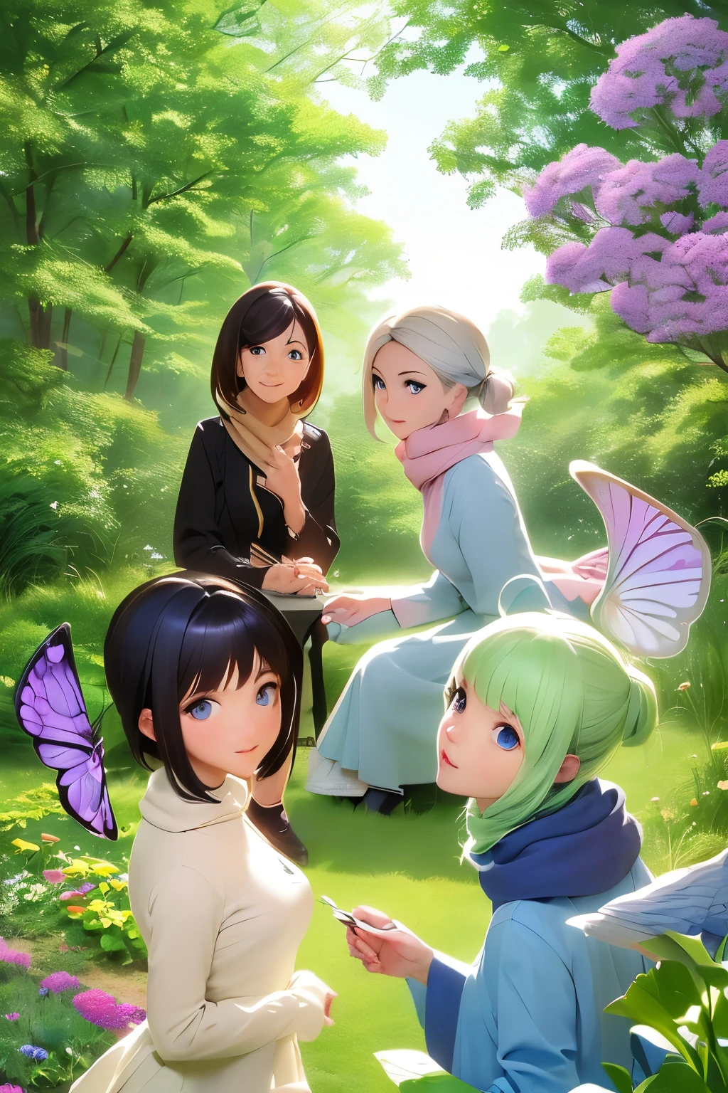 (1 woman, wise, ABOUT 40 YEARS OLD, Straight hair, GREEN COLOR, medium breasts, Blue eyes, light look, witch's tunic, scarf, WINGS WITH WEAR, hands with five fingers, sitting, standing, hands on her waist, with firm legs, Inside the garden where the butterflies danced among the flowers, session on the couch, Asada Shino's face, animated Sword Art Online, Best quality); (butterflies danced among the flowers, spreading their wings gracefully. Each one was unique, with colors and patterns that painted the air with a palette of wonders); (reaction, surprised face, sad teary eyes, look of consolation)
