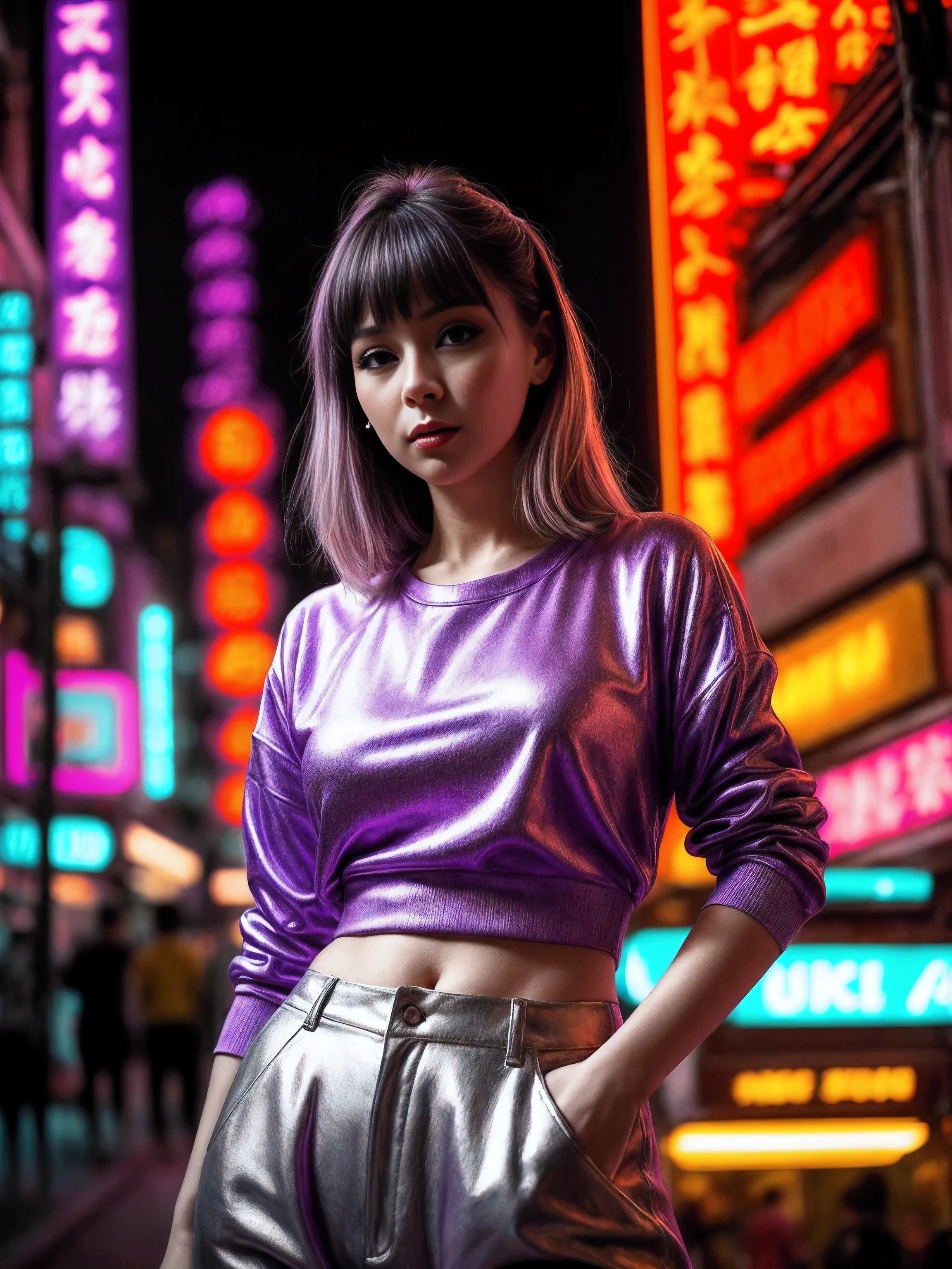 a woman in a purple top in a neon city, in the style of chinapunk, iconic album covers, soft-focus portraits, luke fildes, light amber and silver, exotic, captivating lighting