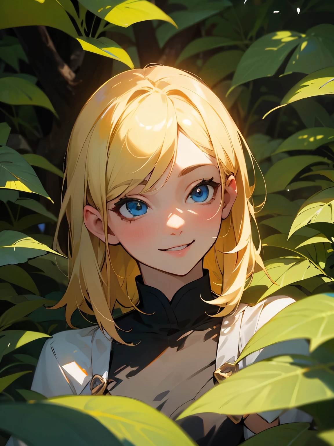 highres,realistic:1.2),anime style girl,blonde hair,mischievous personality,playful expression,blue eyes,detailed eyes and face,cute smile,treehouse on a forest,top of the treehouse,looking to the horizon,peaceful atmosphere,sunlight filtering through the trees,lush green foliage,golden sunlight,calm and serene setting,vibrant colors,leaves rustling in the wind,birds chirping in the background