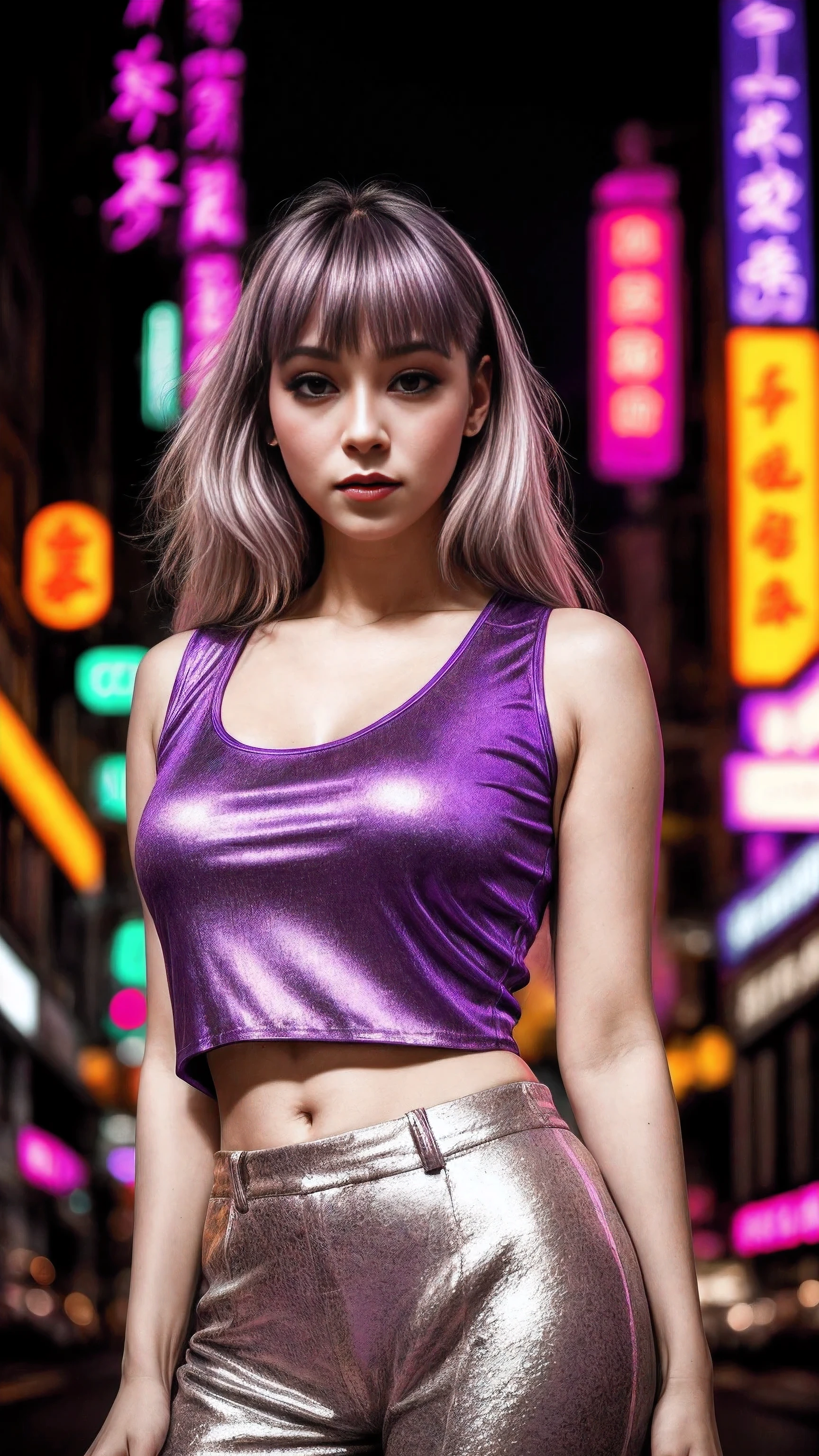 a woman in a purple top in a neon city, in the style of chinapunk, iconic album covers, soft-focus portraits, luke fildes, light amber and silver, exotic, captivating lighting