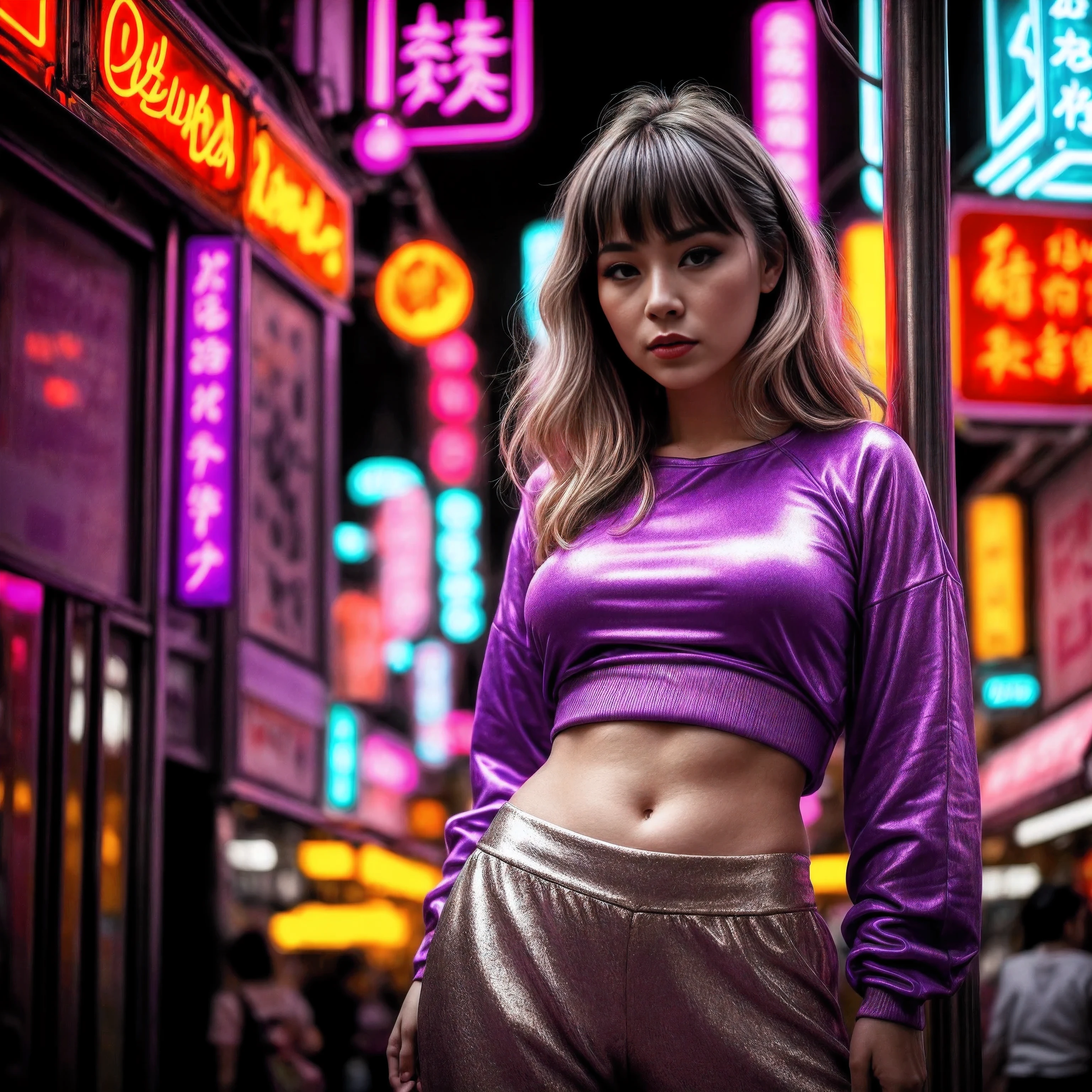 a woman in a purple top in a neon city, in the style of chinapunk, iconic album covers, soft-focus portraits, luke fildes, light amber and silver, exotic, captivating lighting