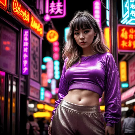 a woman in a purple top in a neon city, in the style of chinapunk, iconic album covers, soft-focus portraits, luke fildes, light...
