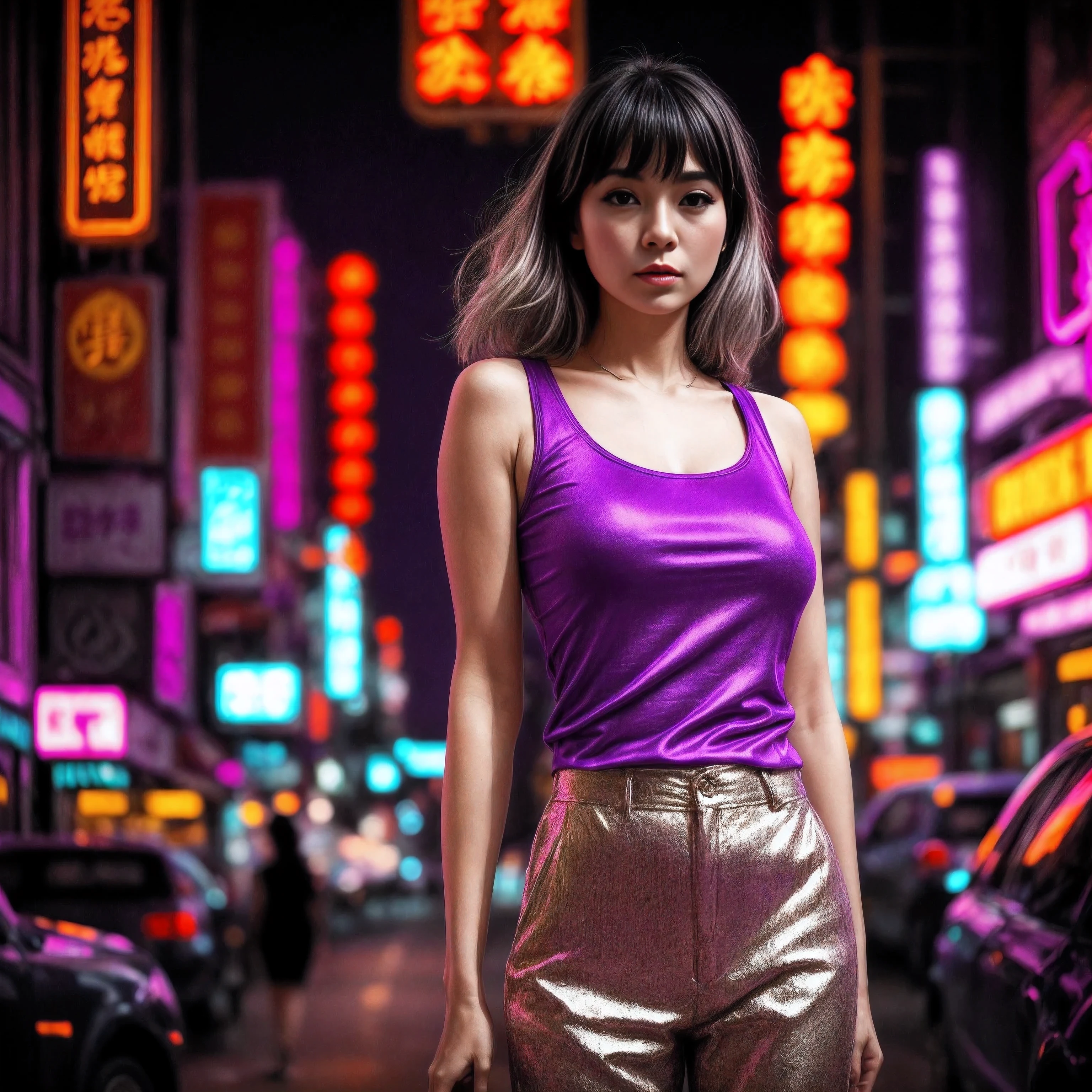 a woman in a purple top in a neon city, in the style of chinapunk, iconic album covers, soft-focus portraits, luke fildes, light amber and silver, exotic, captivating lighting