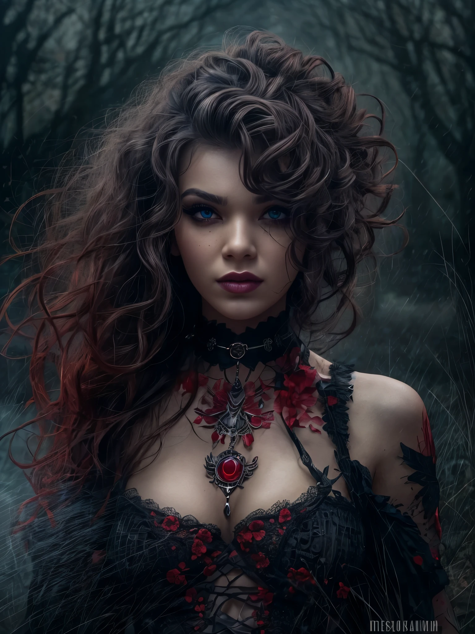 hinreißende Frau, eine fotorealistisch schöne Verführerin, teuflisch, Lockige haare, hell, dunkler Himmel, Düster, exotisches schwarz-rotes Bösewichtskleid, Halskette im Choker-Stil, blutfarbene Augen, Detailliertes Gesicht, Gothic, dunkle Fantasie, blutig, nebligen Friedhof, braune Augen