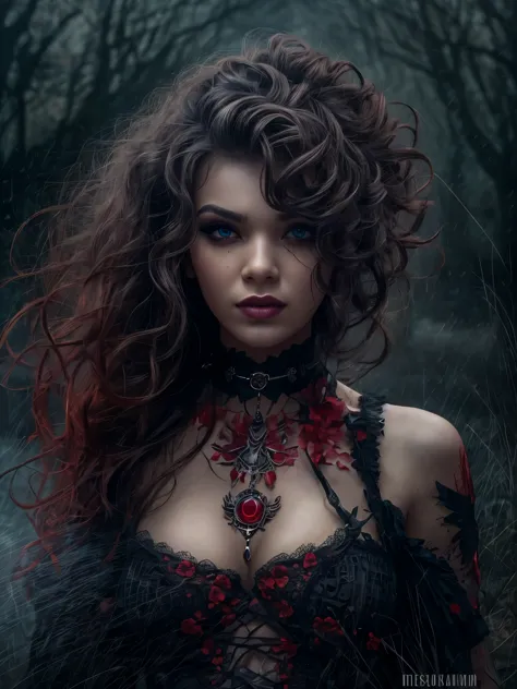 gorgeous woman, a photorealistic beautiful seductress, devilish, curly hair, hell, dark sky, gloomy, exotic black and red vilain...